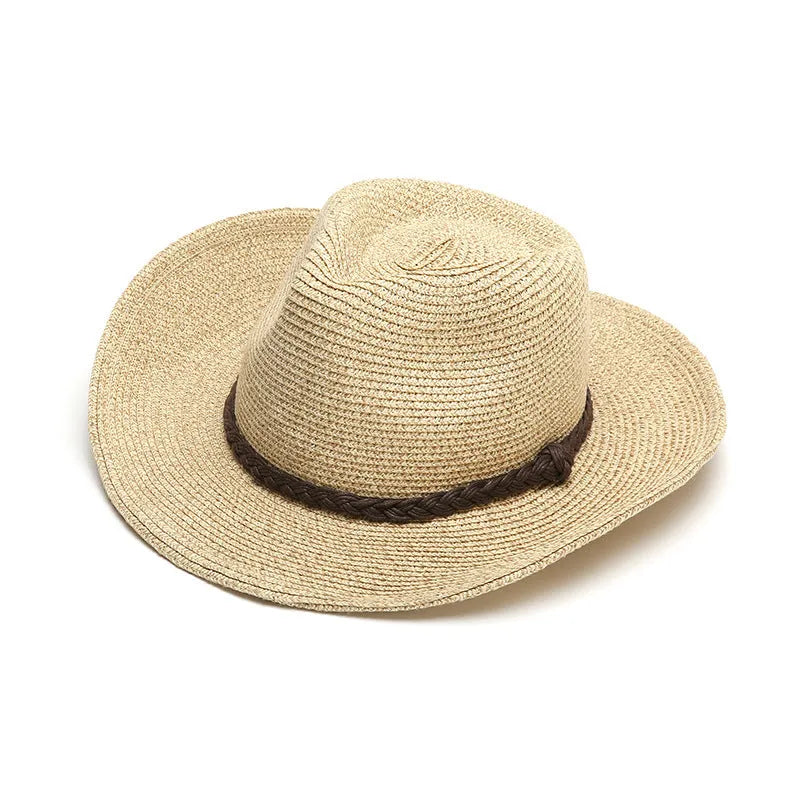 Men's foldable wide-brim straw sun hat in beige, showing its packable design.