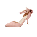 Women's black suede stiletto heels with pointed toe, bowknot detail and buckle fastening