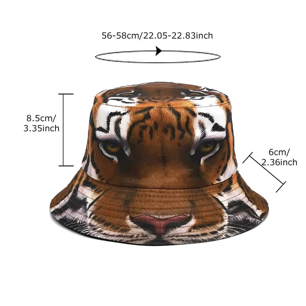 Medium-sized khaki tiger pattern bucket hat with a dome crown on a neutral background.