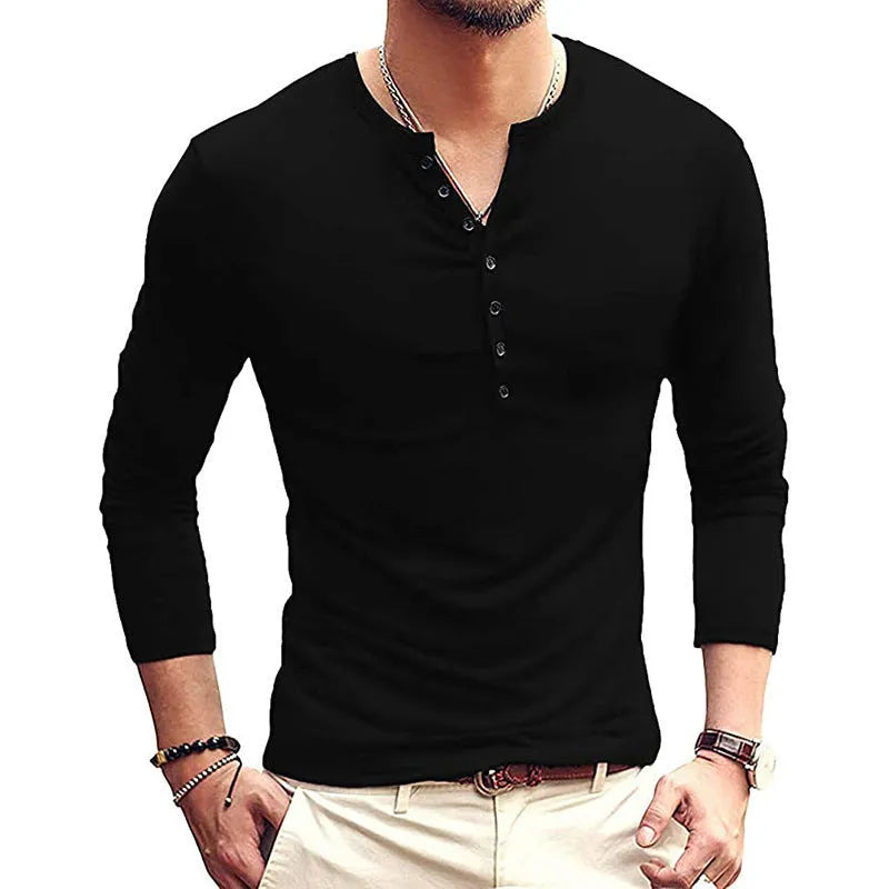 Men's long sleeved blue Henry collar pullover shirt laid flat, showing cotton blend fabric texture.