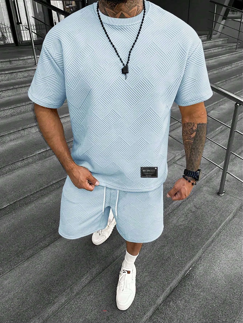 Men's short sleeve shorts matching set with 3D digital printed design on polyester fabric