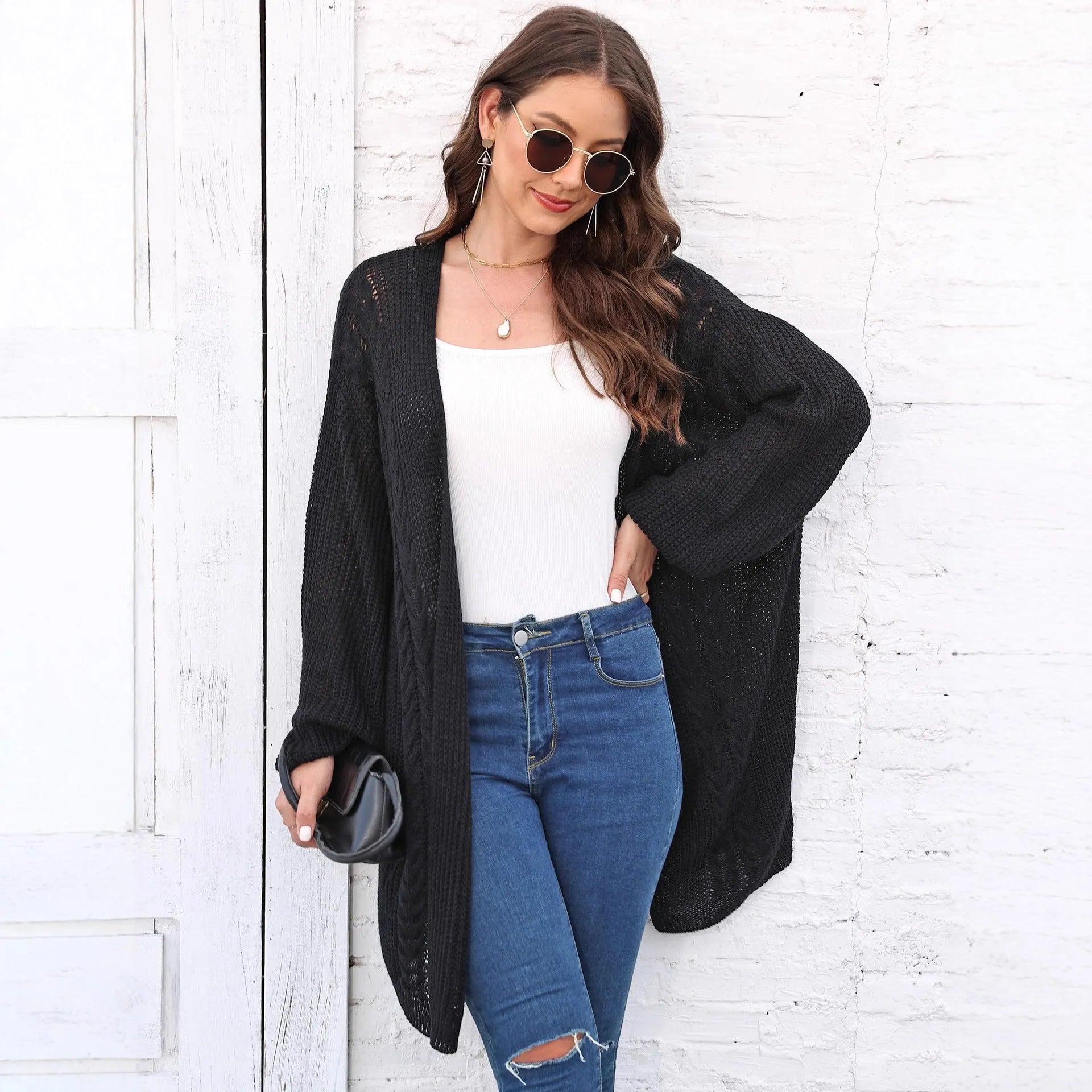 Women's loose acrylic sweater coat in free size, solid colour options including army green and rose red