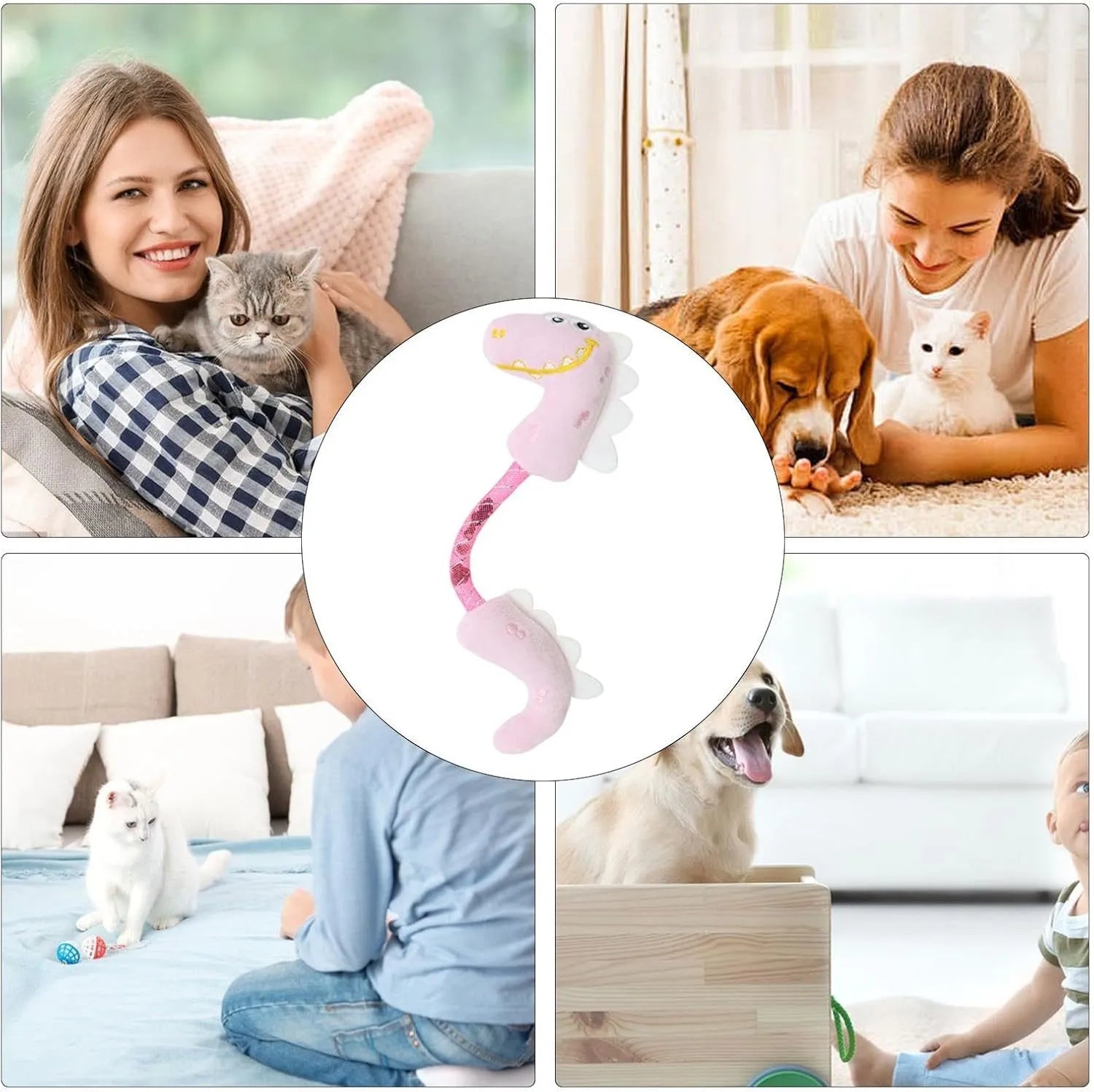 Four plush cat chew toys in pink, purple, and yellow colours showing mouse, fish, bunny, and catnip designs
