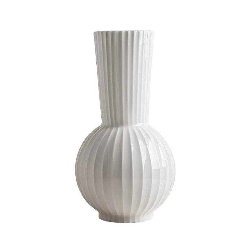 White ceramic ball vase with hand-painted blue stripes, American country style, 30cm height