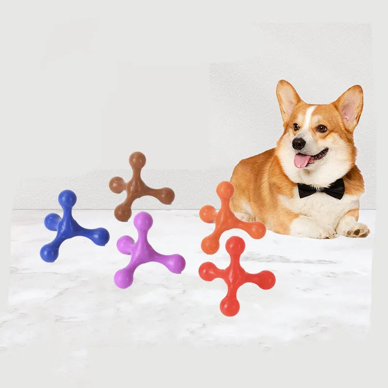 Blue three-legged silicone teething toy for puppies measuring 9.5cm with beef flavour coating