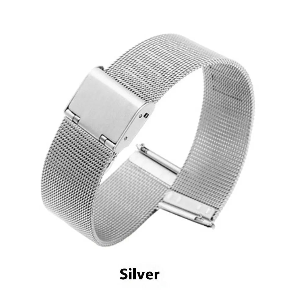 Milani stainless steel watch band with woven texture in silver, shown detached from a watch.