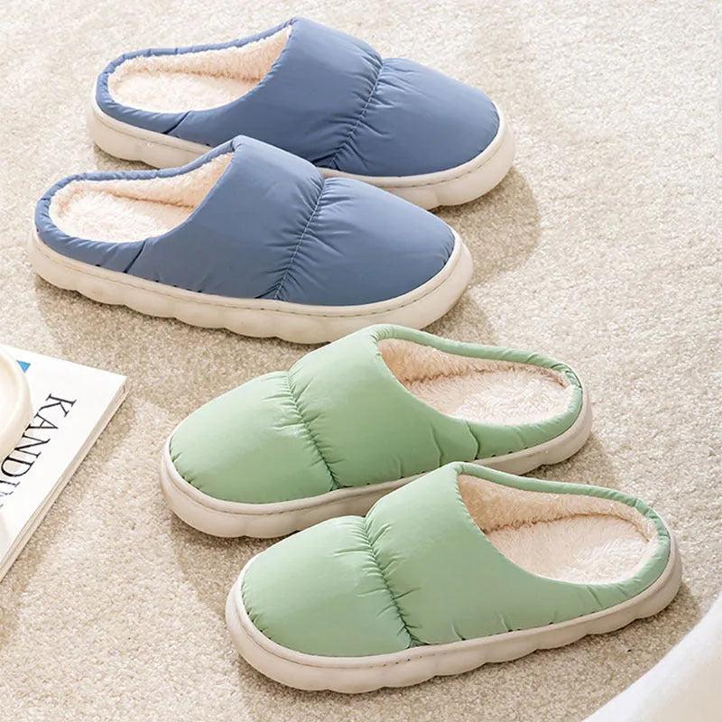 Down cotton slippers with artificial leather upper, rubber anti-slip soles, and plush lining in blue, green, grey, pink, or yellow