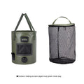 Folding fishing bucket with mesh pocket in lemon yellow colour showing 25-litre capacity and collapsed storage position