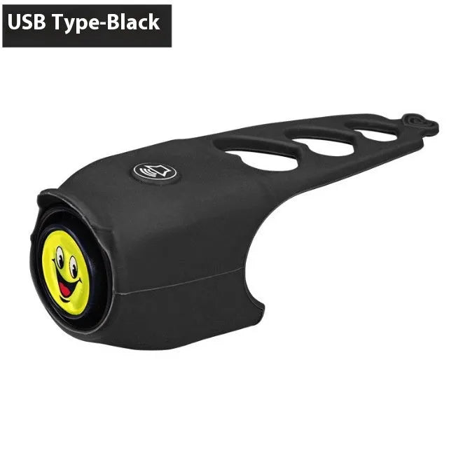 Electronic bicycle horn in multiple colours showing compact plastic design for handlebar mounting.