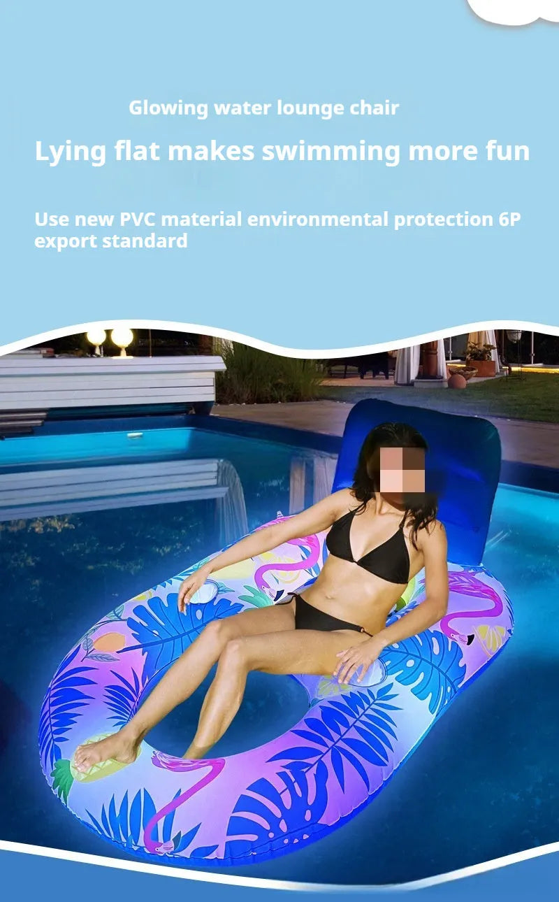 Inflatable PVC pool floating bed with backrest recliner and LED light ring in swimming pool