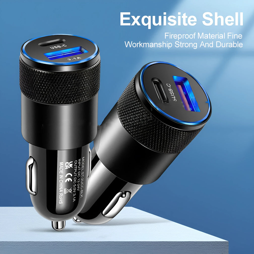 Aluminium alloy mobile phone car charger with compact 2.5cm by 6cm dimensions