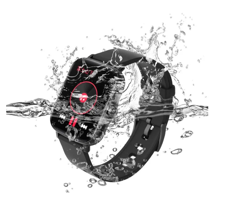 Smart watch with 1.7-inch blue touch screen on adjustable strap, showing heart rate and time display