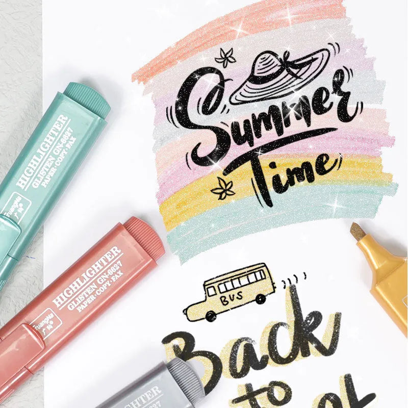 Eight-piece metallic highlighter set with oblique head and boxed plastic pens in eight fluorescent colours