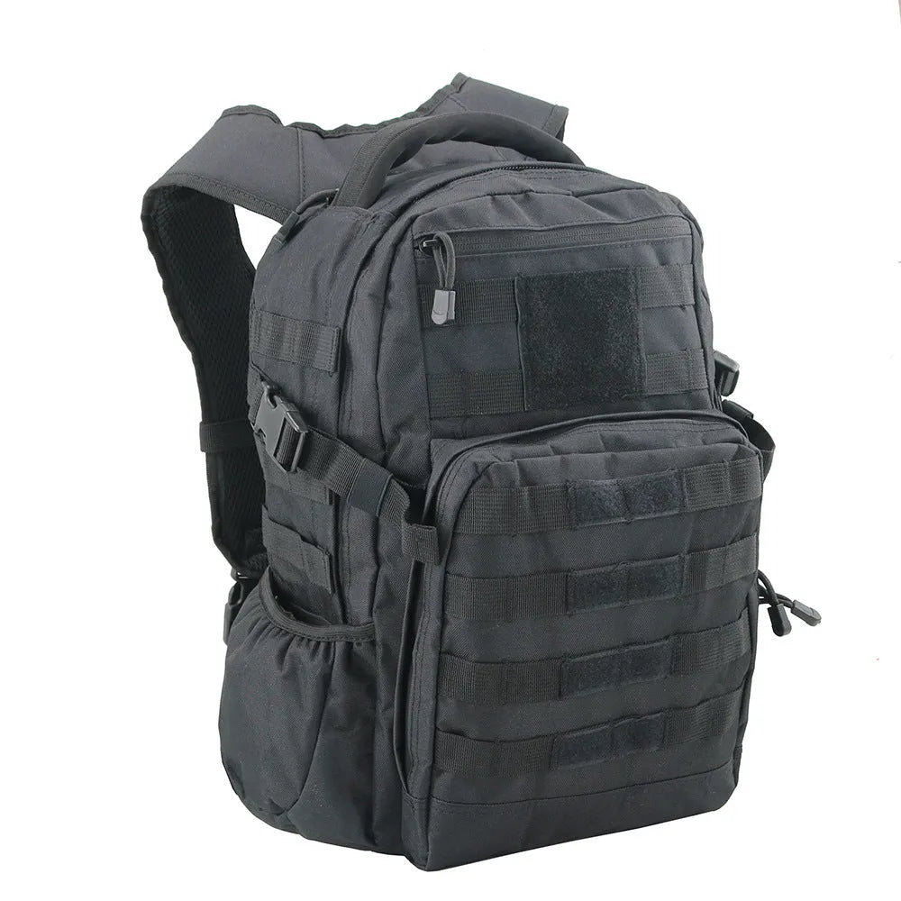 Military tactical assault backpack in outdoor setting showing black, green, khaki, green ruins and CP camouflage colour options