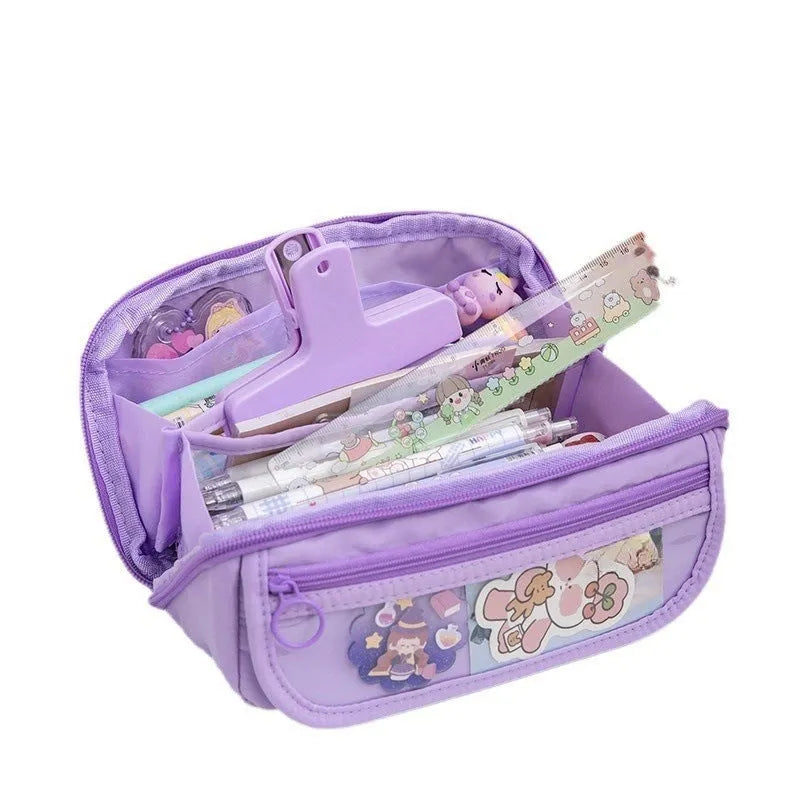 Ten-layer flip canvas pencil case in six colours showing open compartments with pens organised separately