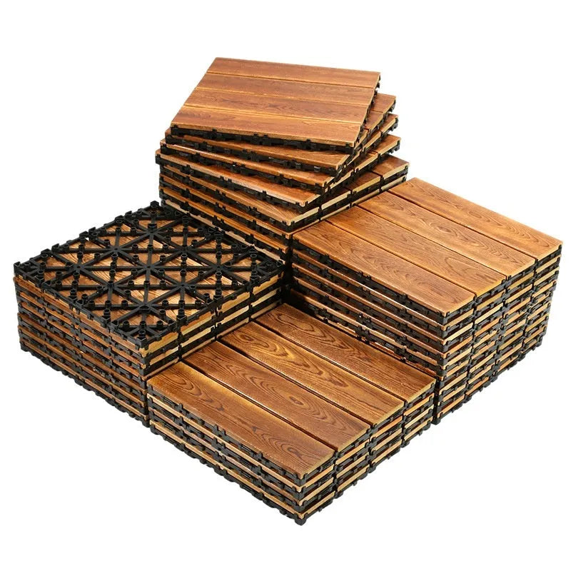 Camphor pine wood flooring tiles showing 30cm x 30cm dimensions with brush wax oil finish