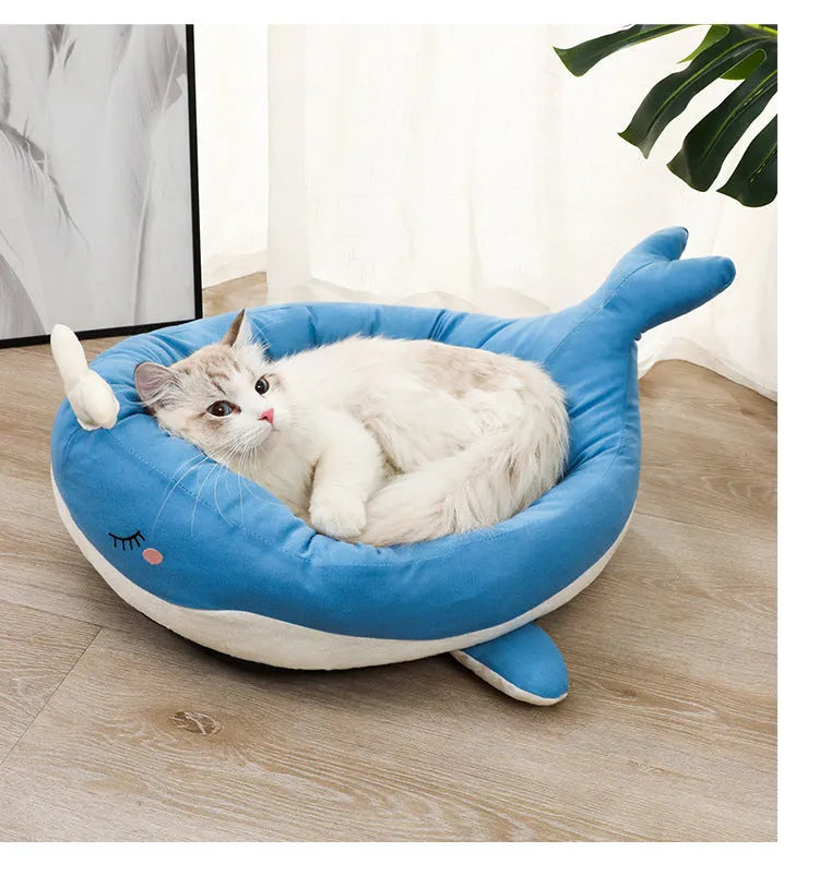 Duck-shaped pet bed sofa with fluffy polyester material in blue or white colour, showing raised sides and unique pattern design