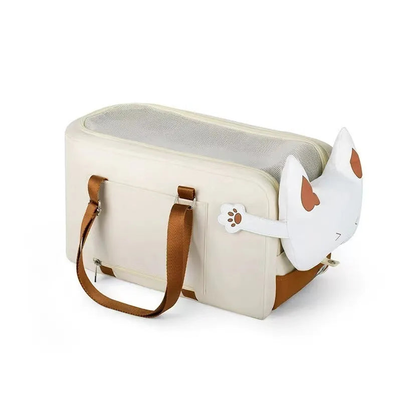 Beige hard-sided cat carrier with one-shoulder strap, EPE padding interior, dimensions 43x25x22.5cm
