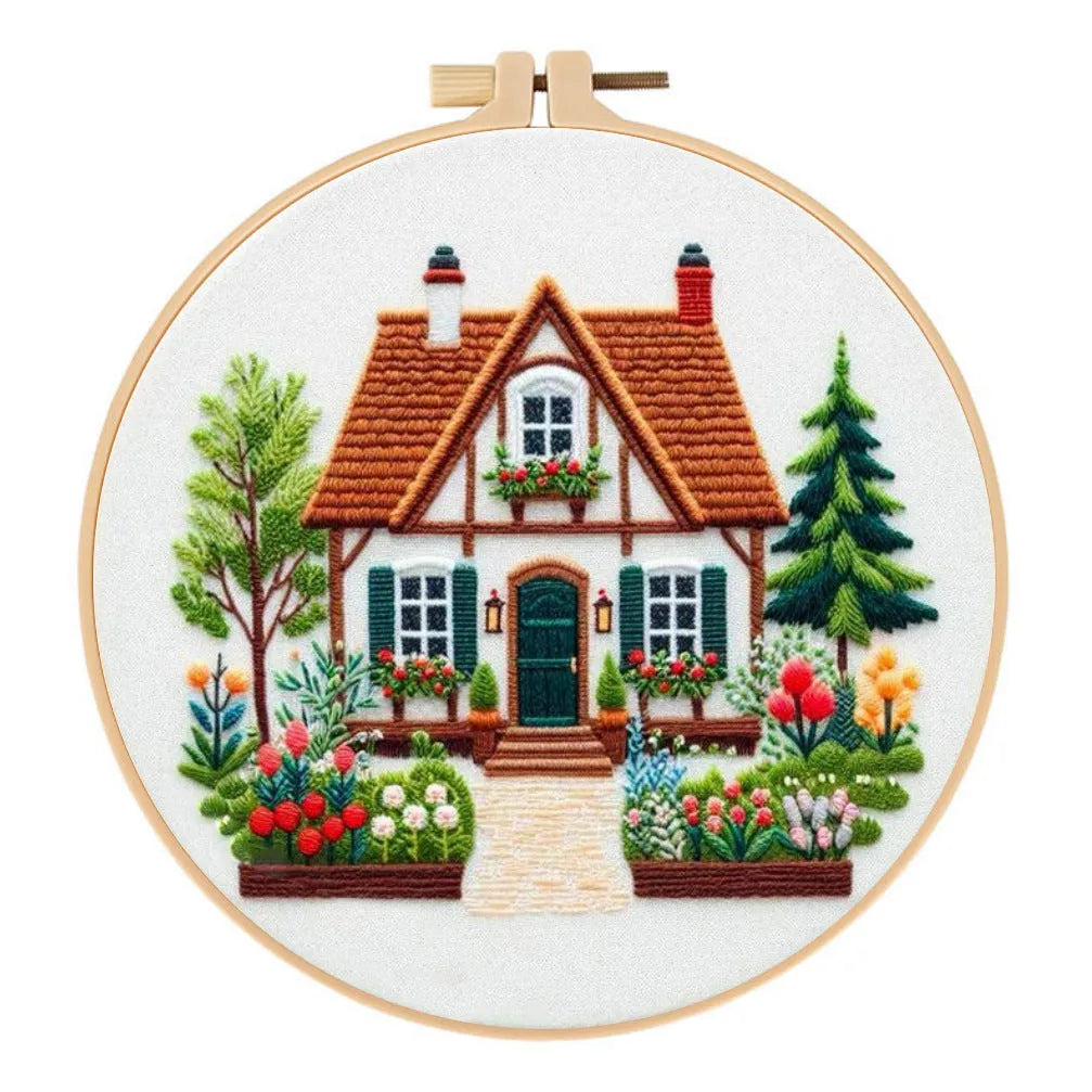Garden Cottage embroidery fabric kit showing 28x28cm cotton linen cloth with landscape pattern