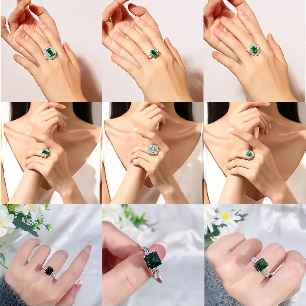 S925 sterling silver emerald ring with geometric shape and high carbon diamond inlay, showing elliptical design.