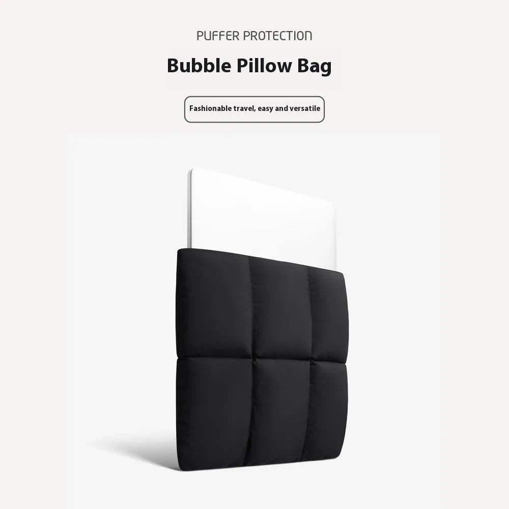 Soft and fluffy laptop sleeve in black or khaki with retro sewing thread details, sized for 13-15.6 inch devices