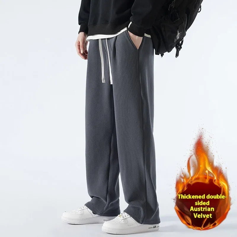 Men's double-sided polar fleece-lined winter trousers with drawstring waist in apricot, black, or dark grey