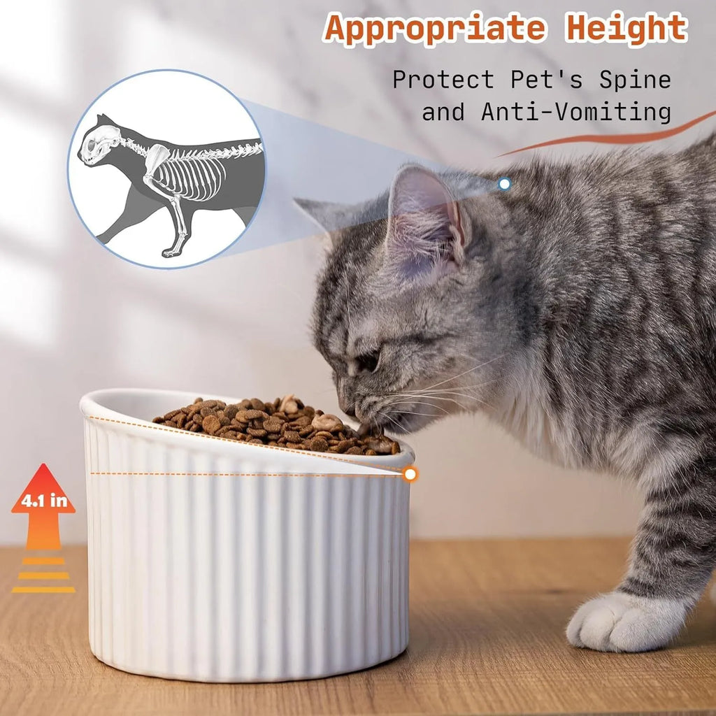 Ceramic elevated cat bowl in dark green, light green, or yellow with 11cm or 14cm height for reduced acid reflux