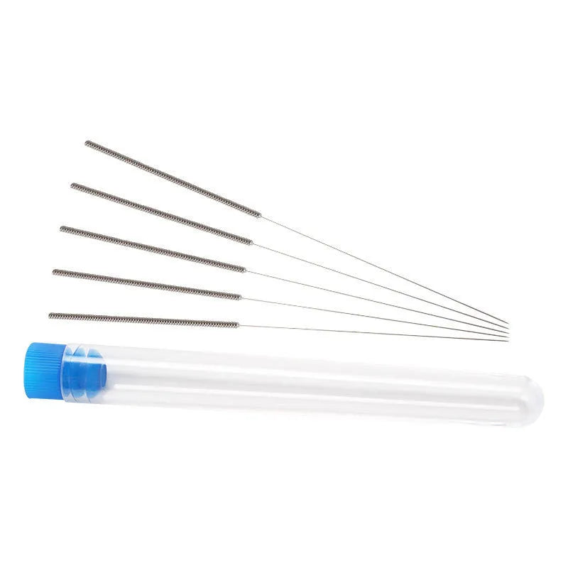 Ten metal nozzle cleaning needles for Mk8 and E3D 3D printers in five sizes from 0.2mm to 0.4mm diameter.