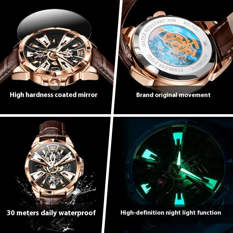 Men's automatic mechanical watch with transparent case back showing movement and 44mm barrel-shaped dial