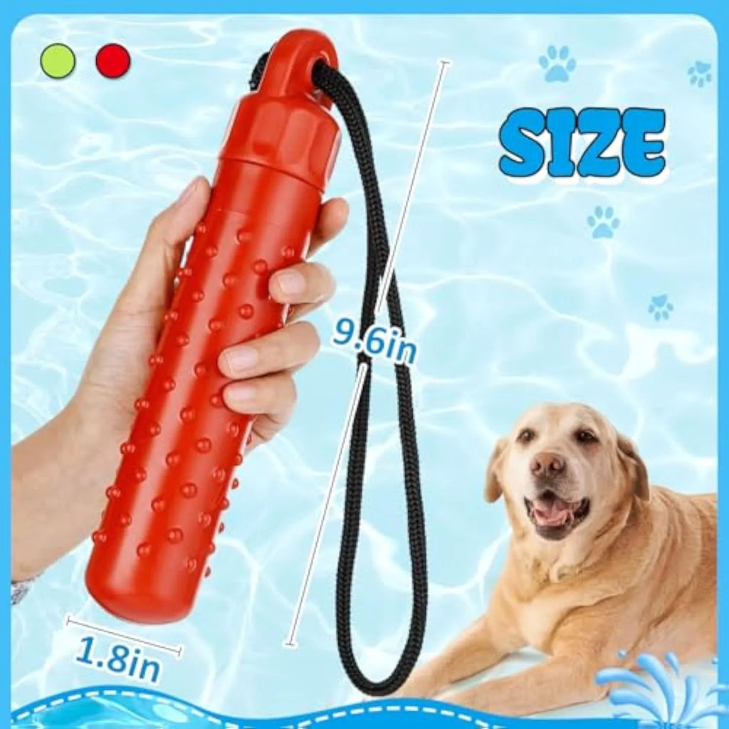 Two red and green TPR floating dog toys with rope handles for water fetching