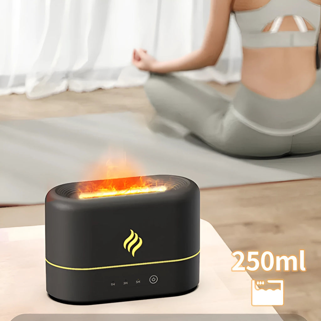 Compact black and white seven-colour flame effect aromatherapy humidifier with USB port and mist outlet.
