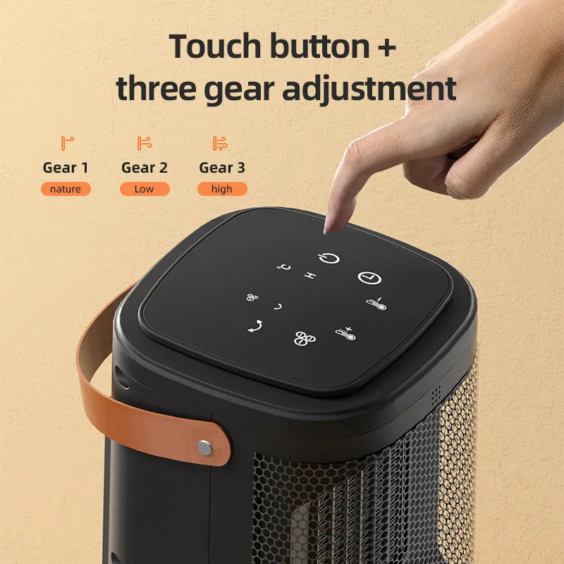 Hot and cold air heating radiator with touch screen display showing temperature settings and timer function