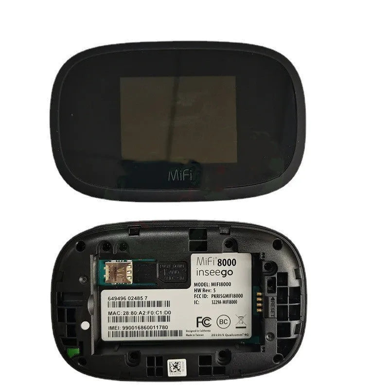 Black portable 4G wireless router showing compact 10x20x3cm dimensions with dual-core processor for 150Mbps speeds