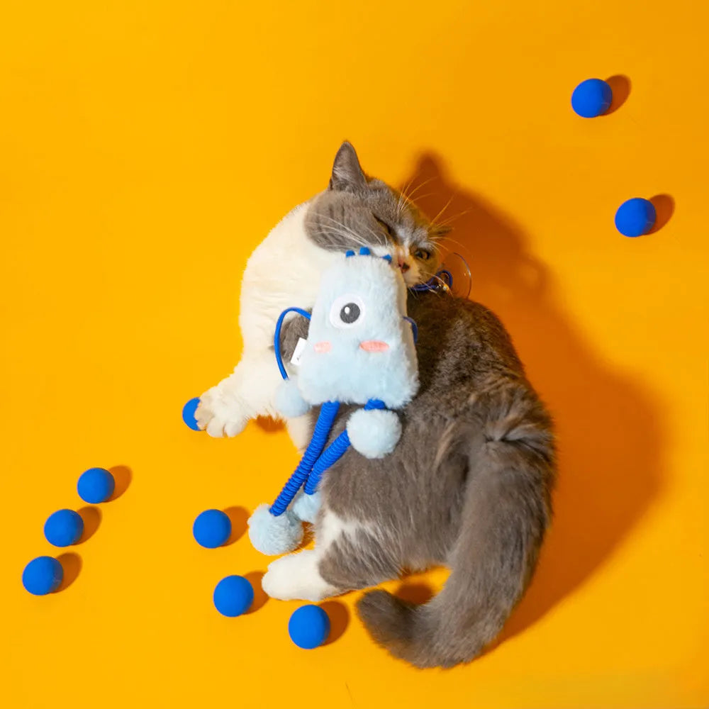 Blue telescopic cat toy with plush ring and bell measuring 30 by 30 centimetres