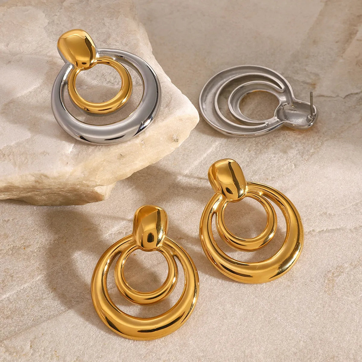 18K gold-plated titanium steel double layer hollow stud earrings with 15mm round geometric design