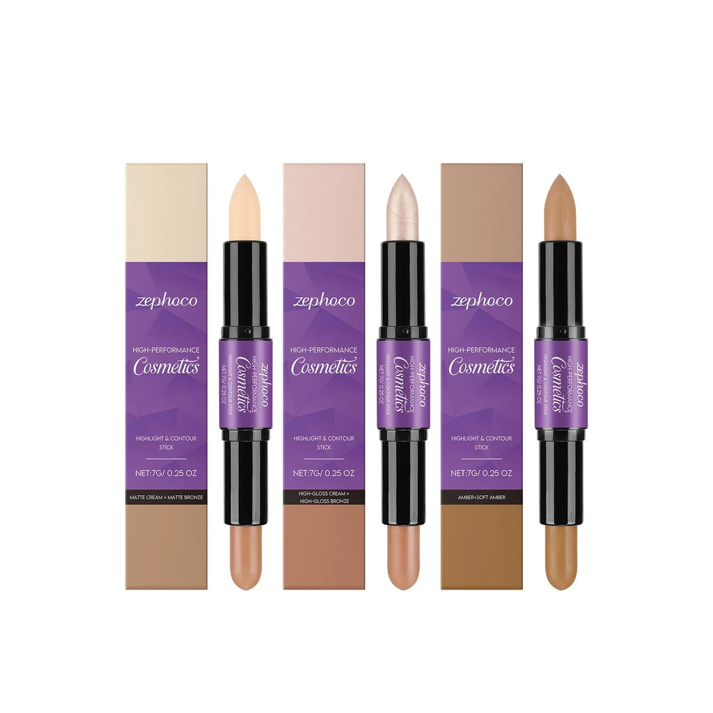 Dual-ended cream highlighter and contour stick for face makeup in matte, amber or high gloss finishes