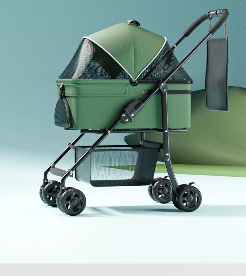 Black folding pet cart with detachable components and metal frame for pet transportation