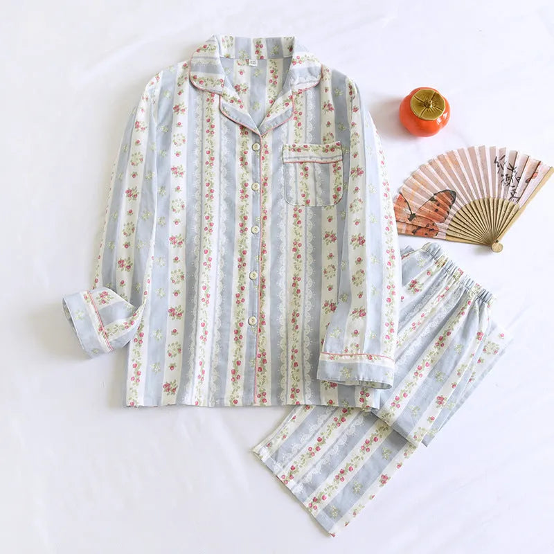 Japanese sweet ladies' homewear cotton double-layer gauze long-sleeved trousers two-piece set in colour stripes pattern