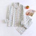 Japanese sweet ladies' homewear cotton double-layer gauze long-sleeved trousers two-piece set in colour stripes pattern