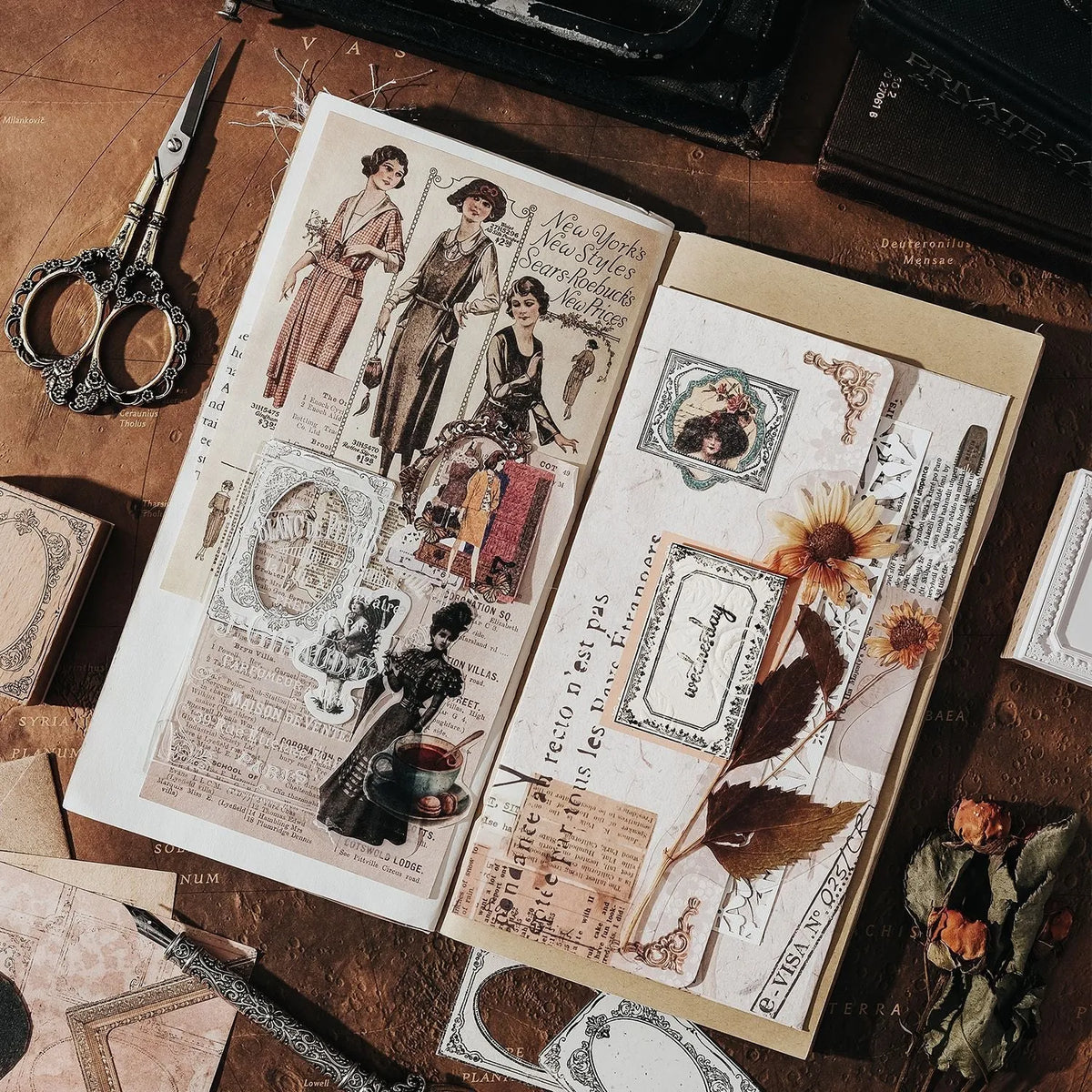 Printed wooden square seals with Baroque Fantasia notebook paintings in six styles, 3-4 pieces per style plus a seal