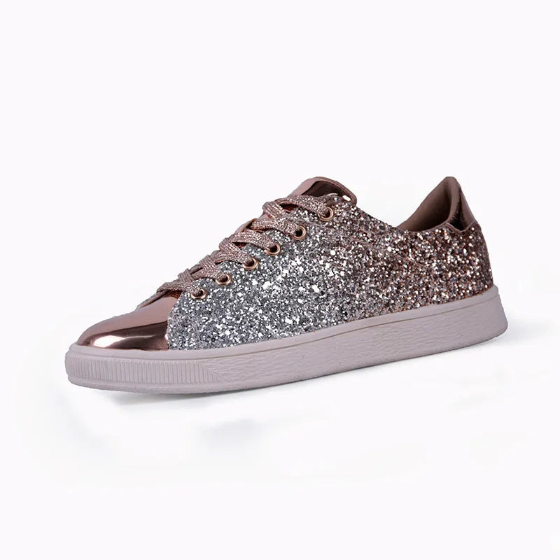 Women's colourful sequin casual shoes in black, gold, or pink with round toe and lace-up design