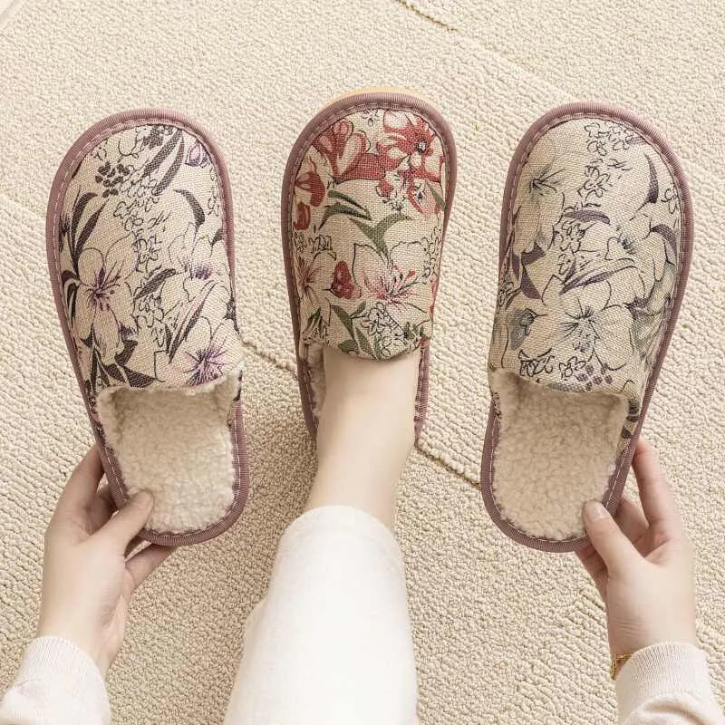 Cotton slippers with linen surface in floral patterns, showing PVC sole and colour options