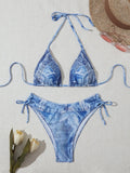 Women's denim blue bikini set with adjustable straps, showing front and back views on mannequin