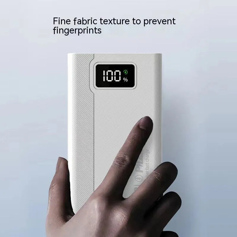 Black or white power bank measuring 150x76mm with capacity options from 20000 to 50000 mAh supporting fast charging