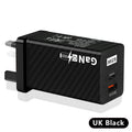 Gallium Nitride 65W quick charge laptop universal charger in black or white with compact 38x35x105mm dimensions