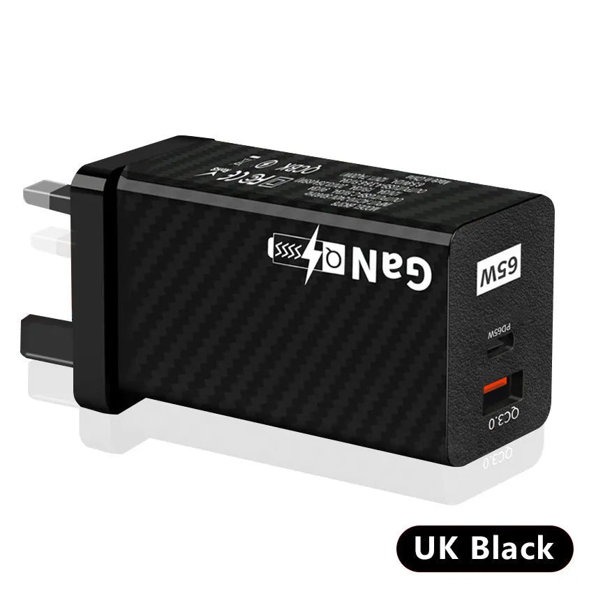 Gallium Nitride 65W quick charge laptop universal charger in black or white with compact 38x35x105mm dimensions