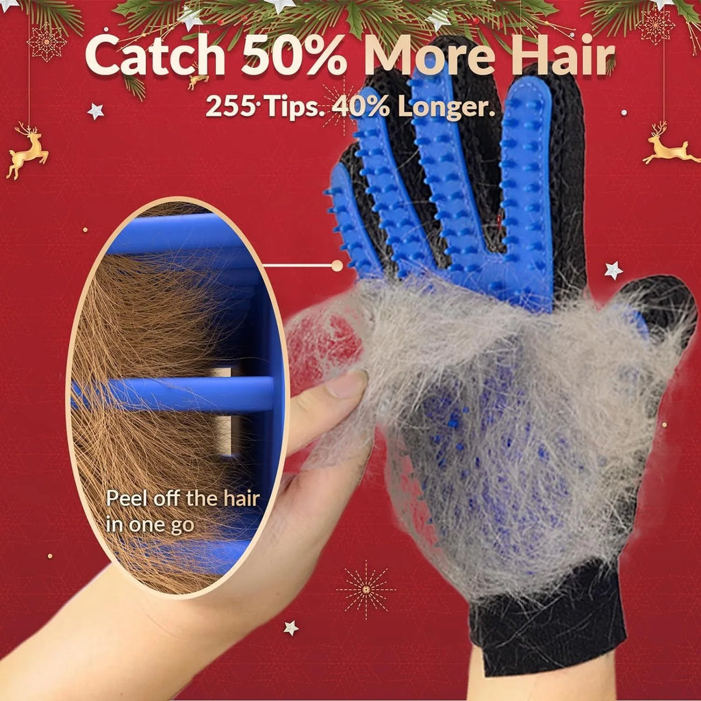 Blue pet grooming gloves with silicone tips for gentle shedding removal on dogs and cats