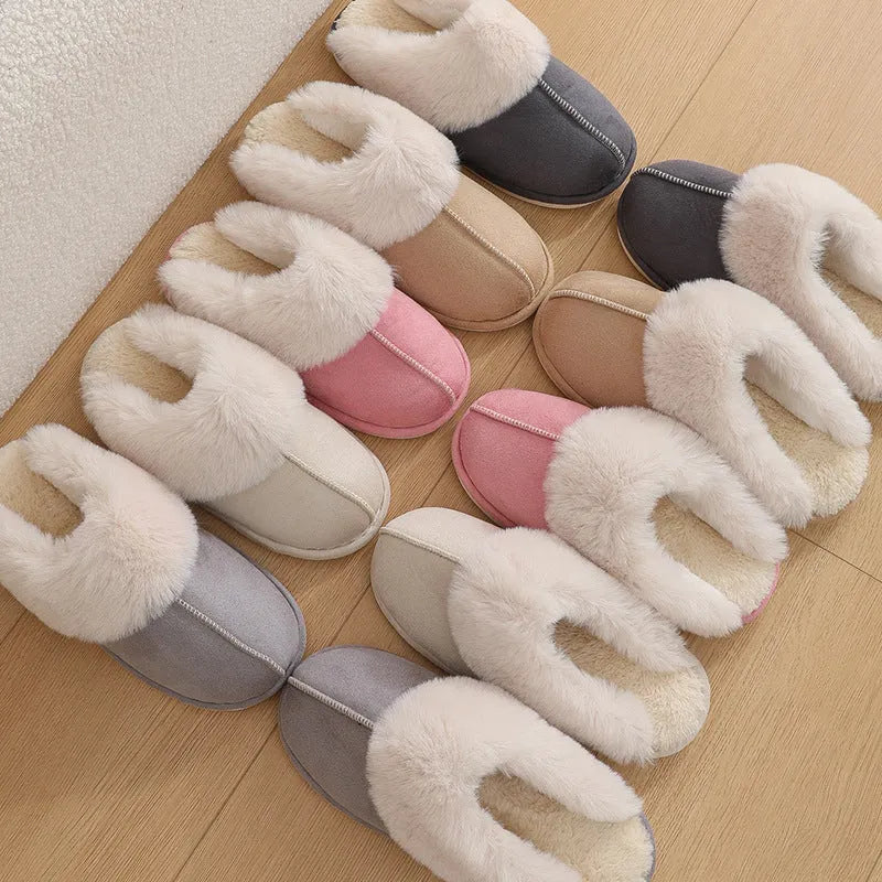 Women's brown plush indoor slippers with round toe, flat heel, and anti-slip PVC sole.