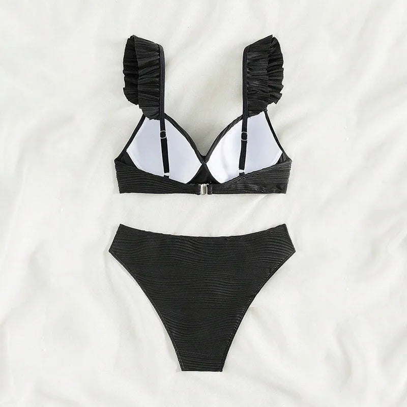 Women's solid colour beach bikini swimsuit in black or khaki, sizes S to XL, 100% polyester construction