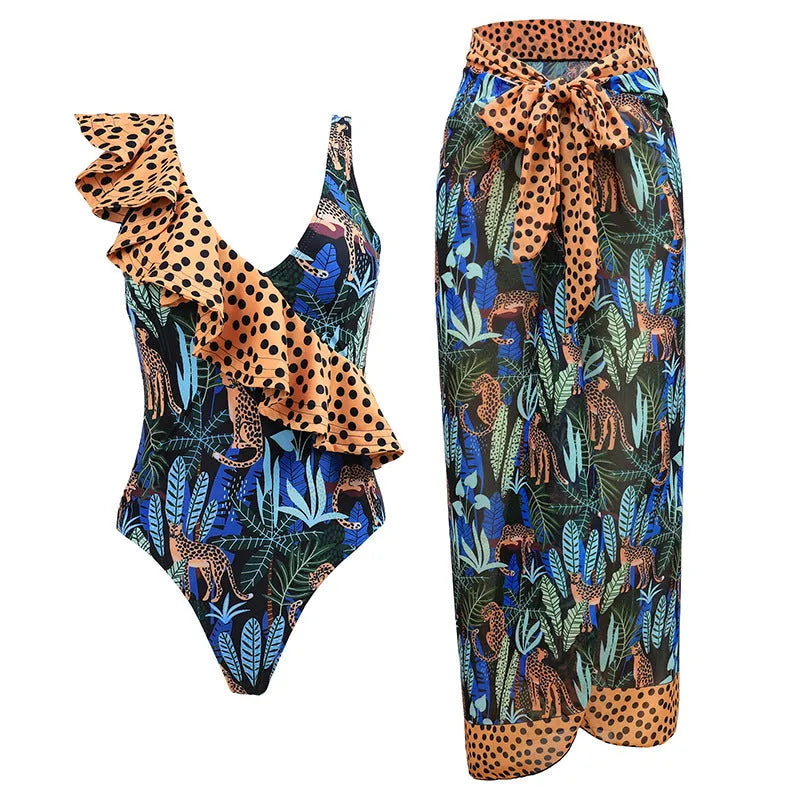 Women's spaghetti straps one-piece swimsuit with skirt in solid colour, showing adjustable straps and polyester fabric